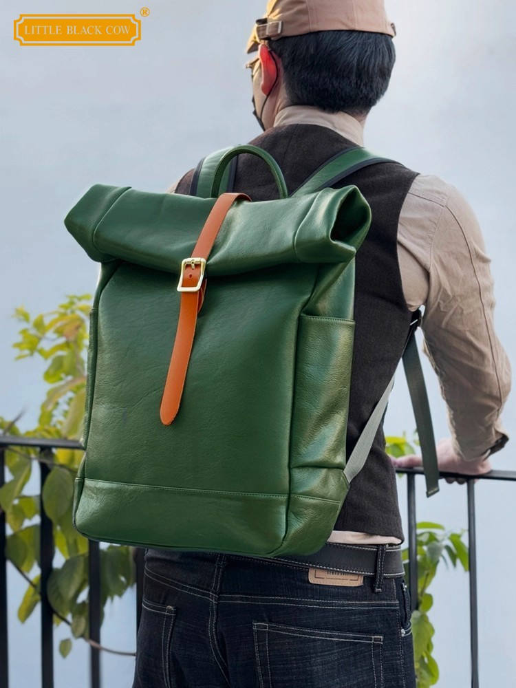 Leather Backpack Vintage - حقيبة ظهر رجالية كبيرة السعة من